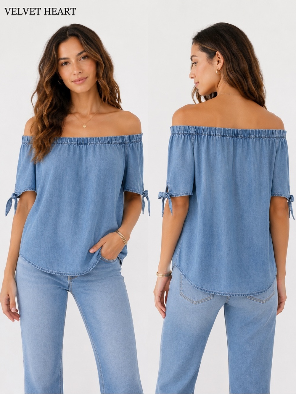 Velvet Heart Chambray Off Shoulder Tie Sleeve Top Women’s Medium Tencel  Blue